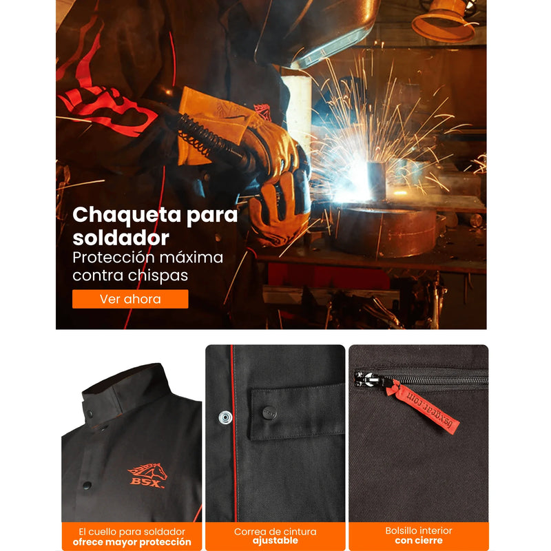Chaqueta Para Soldador Negra Con Llamas Rojas BSX Black Stallion BX9C