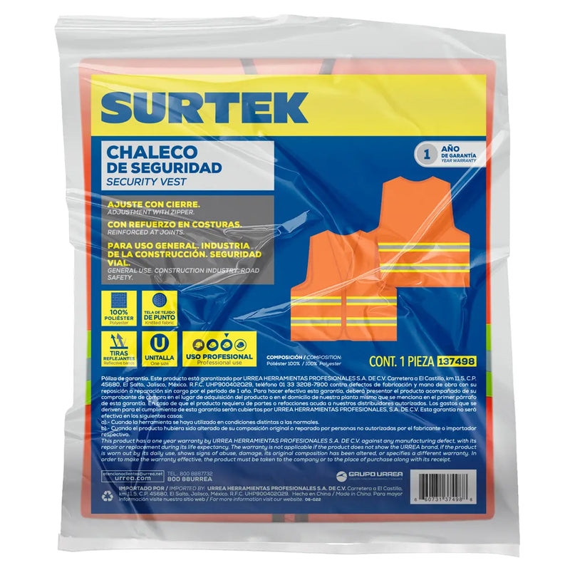 Chaleco Alta Visibilidad SURTEK con Cierre Unitalla 100% Poliester