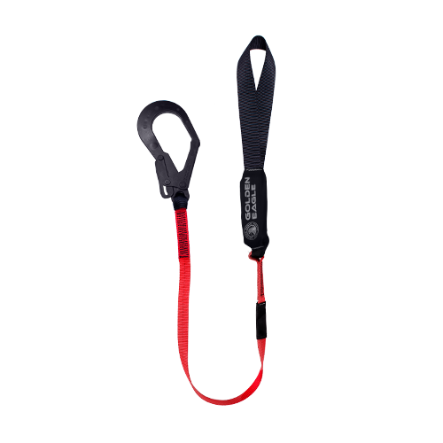 Línea de vida Golden Eagle SAW-LGD18 con gancho negro y cinta roja sobre fondo blanco - DIBAMEX