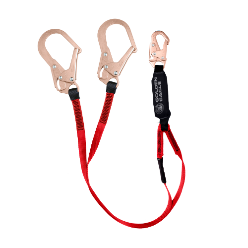 Línea de vida doble Golden Eagle SAW-DG con cinta roja, amortiguador negro y ganchos metálicos - DIBAMEX