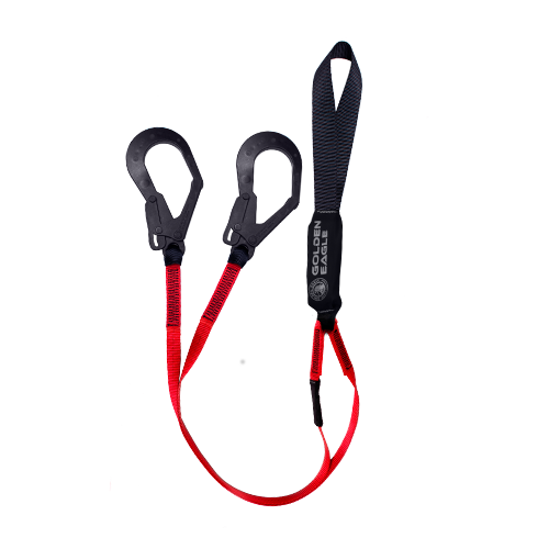 Línea de vida Golden Eagle SAW-DGLD doble pierna roja con dos ganchos negros y amortiguador - DIBAMEX