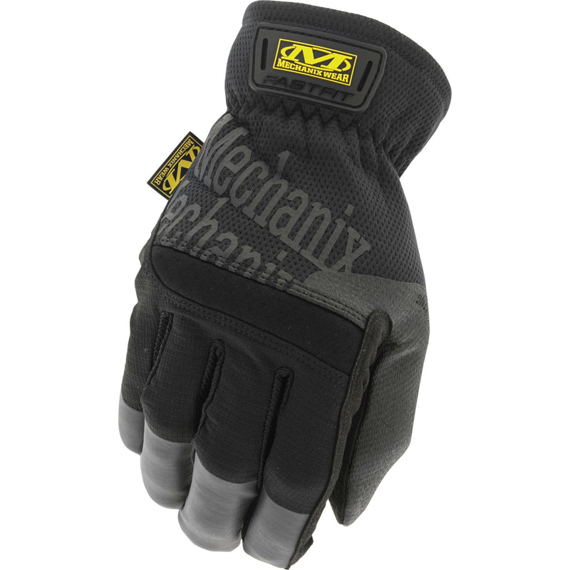 Guante mecánico Mechanix Wear FastFit MFF-05 negro con etiqueta amarilla en el puño, sobre fondo blanco - DIBAMEX