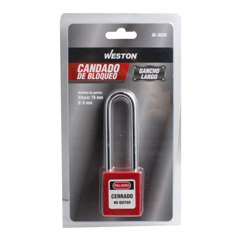 Weston BL-0030 Candado de Bloqueo LOTO Rojo Gancho Largo 76mm