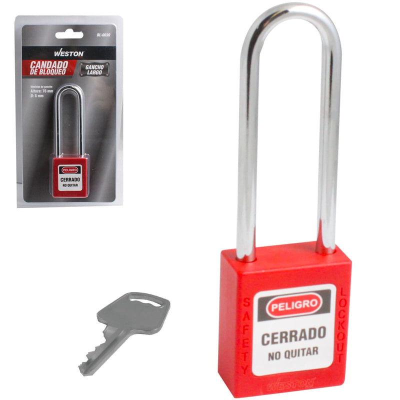 Weston BL-0030 Candado de Bloqueo LOTO Rojo Gancho Largo 76mm