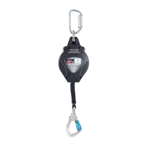 Línea de vida autoretráctil Weston CC-0050-1 negra con mosquetón y gancho sobre fondo blanco - DIBAMEX