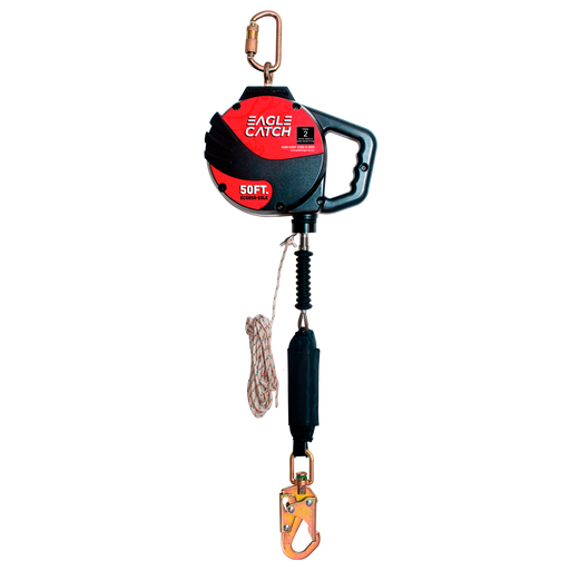 Línea de vida autorretráctil Golden Eagle EC6050-SS con carcasa roja y negra, cable, gancho y mosquetón - DIBAMEX