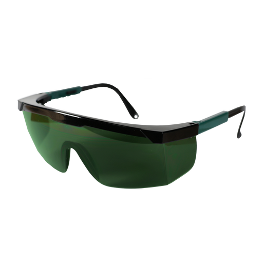 Lentes de seguridad Jyrsa ECO-1280 con armazón negro y mica verde oscura sobre fondo blanco - DIBAMEX
