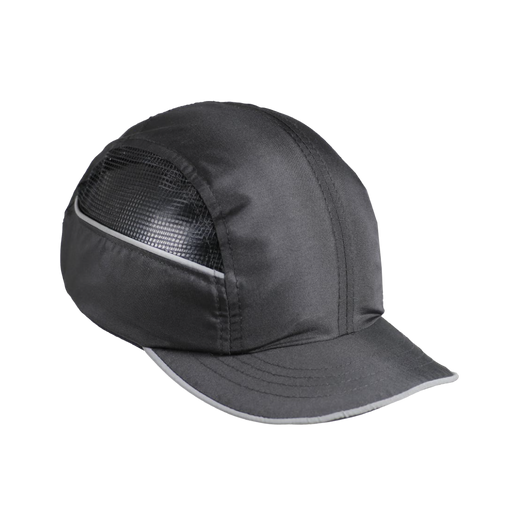 Gorra de protección contra impactos Bump Cap JYRSA negra con malla lateral y vivo reflejante en la visera - DIBAMEX