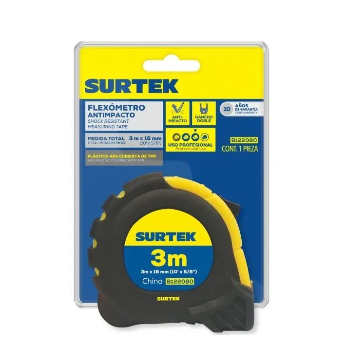 Flexómetro Carcasa Anti Impacto 3m x 16mm con Doble Gancho e Imán - SURTEK B122080