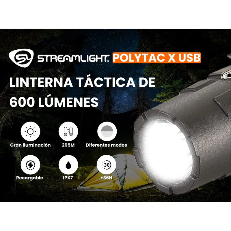 Lámpara de Mano Táctica Streamlight POLYTAC X USB con Batería Recargable - 88613