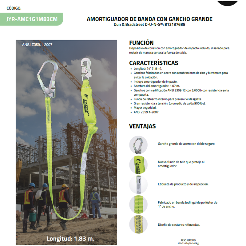 Linea de Vida Con Amortiguador Con Banda JYRSA JYR-AMC1G-1M83CM Gancho Grande
