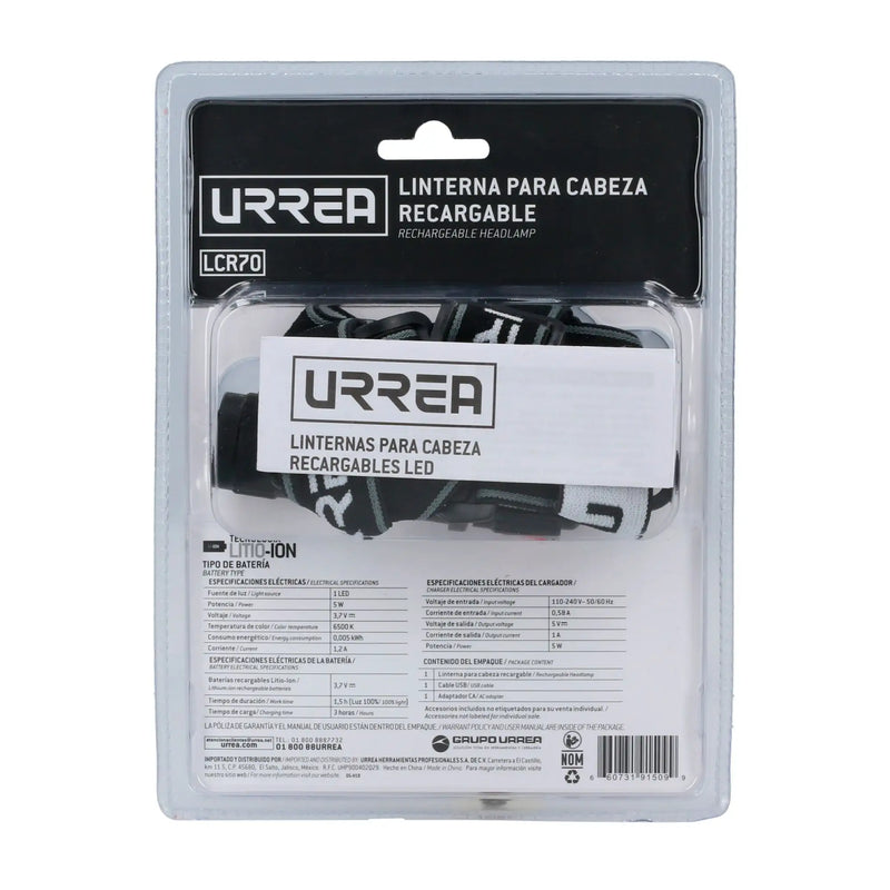 Lámpara Para Cabeza Recargable 700 Lúmenes - Urrea LCR70