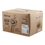 Caja de cartón de garrucha manual Weston Tools M-01080 con ilustración del polipasto y logotipo impresos - DIBAMEX