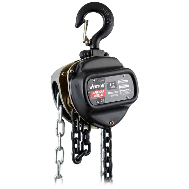 Garrucha manual de cadena Weston M-01080 negra con gancho superior sobre fondo blanco - DIBAMEX