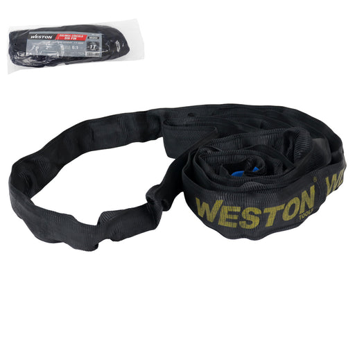 Eslinga círculo sin fin Weston ME-1227 de poliéster negro enrollada, junto a su empaque etiquetado - DIBAMEX