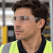 Trabajador con chaleco reflejante usando lentes de seguridad TAC VIZZION de mica transparente en planta industrial - DIBAMEX