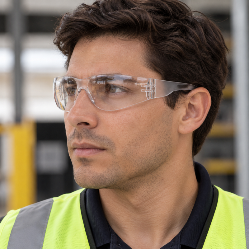 Trabajador con chaleco reflejante usando lentes de seguridad TAC VIZZION de mica transparente en planta industrial - DIBAMEX