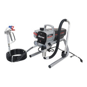 Máquina de pintura Airless Weston W-70295 gris con pistola, manguera negra enrollada y manómetro sobre fondo blanco - DIBAMEX
