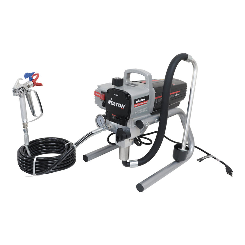 Máquina de pintura Airless Weston W-70295 gris con pistola, manguera negra enrollada y manómetro sobre fondo blanco - DIBAMEX