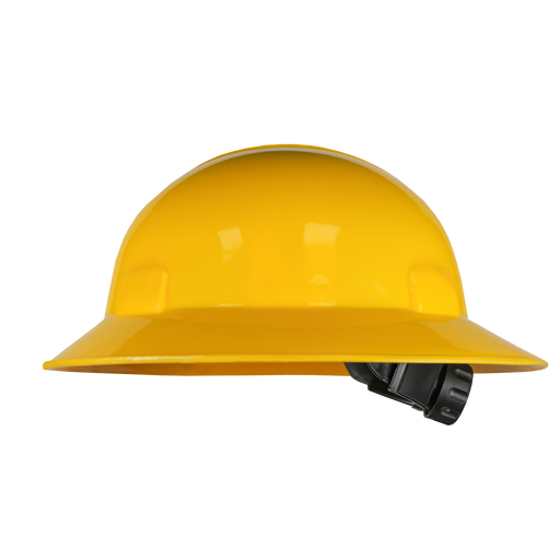 Casco de seguridad de ala ancha JYRSA WW-2018 amarillo con ajuste de matraca, vista lateral sobre fondo blanco - DIBAMEX