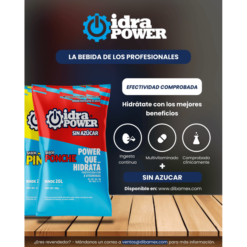 Bebida Hidratante Idrapower Sin Azúcar, 200gr - Rinde 20 Litros - Sabor a Seleccionar - DIBAMEX