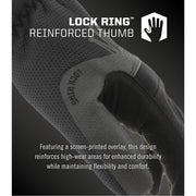 Detalle del pulgar reforzado gris con logo Lock Ring de guante Mechanix FastFit MFF-05 en primer plano - DIBAMEX