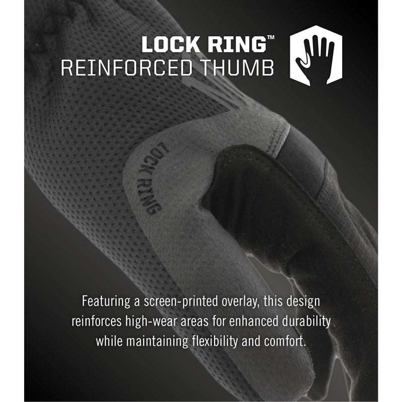 Detalle del pulgar reforzado gris con logo Lock Ring de guante Mechanix FastFit MFF-05 en primer plano - DIBAMEX