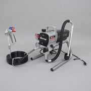Máquina de pintura airless Weston W-70295 con pistola, manómetro y manguera enrollada sobre fondo gris - DIBAMEX
