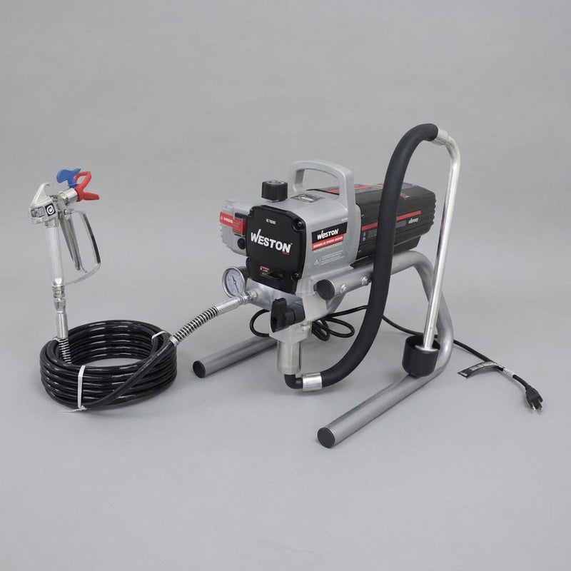 Máquina de pintura airless Weston W-70295 con pistola, manómetro y manguera enrollada sobre fondo gris - DIBAMEX