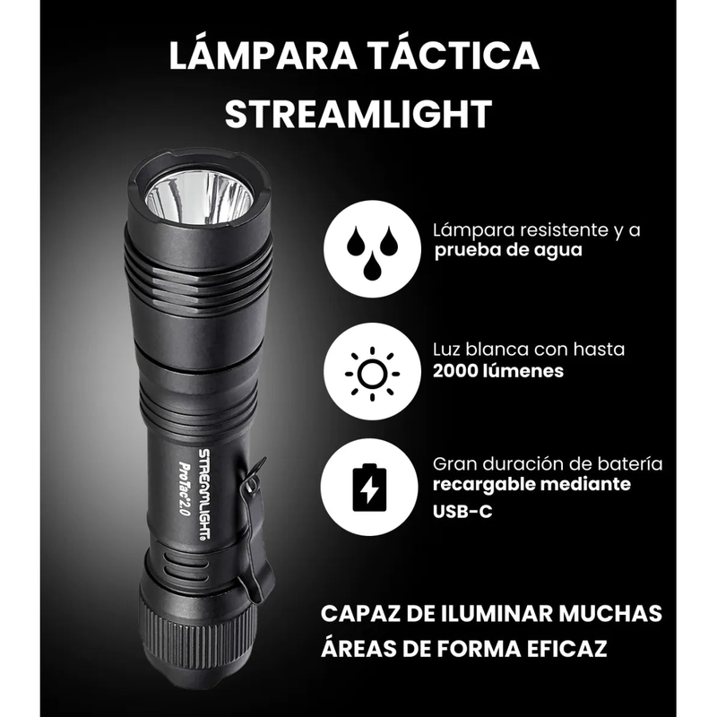 Lámpara de Mano Táctica Streamlight PROTAC 2.0 recargable, 2,000 Lúmenes - 89000 - DIBAMEX