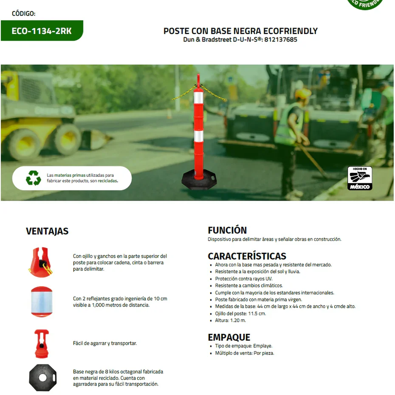 Poste Delimitador Vial con 2 Reflejantes, Base 8 kg - Jyrsa ECO-1134-2RK