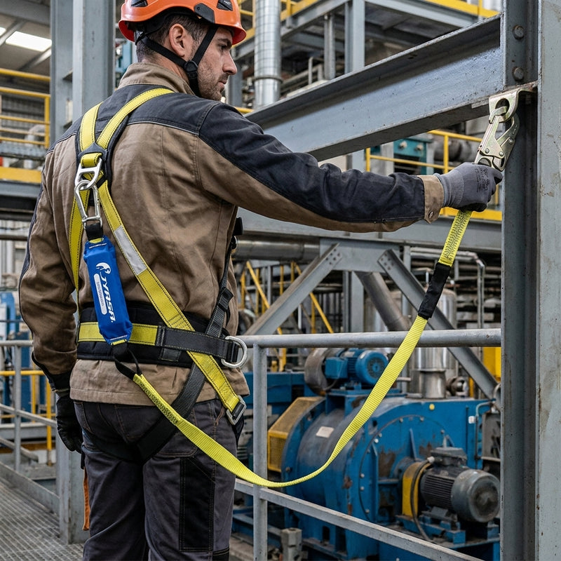Trabajador con arnés y amortiguador de impacto azul JYRSA SS-AMC1-1M83CM conectando banda amarilla en planta industrial - DIBAMEX