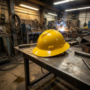 Casco de seguridad de ala ancha amarillo JYRSA WW-2018 sobre mesa metálica en taller de soldadura - DIBAMEX