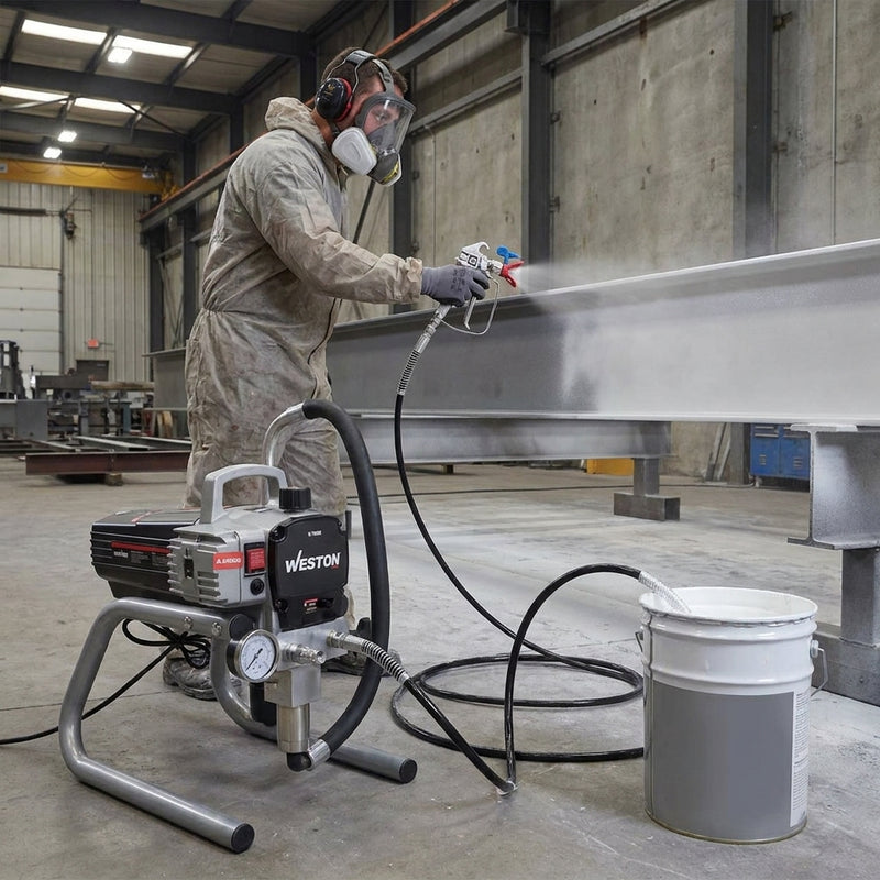 Máquina de pintura airless Weston W-70295 en uso pintando viga metálica en nave industrial - DIBAMEX