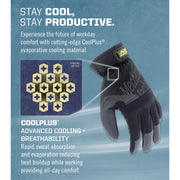 Infografía de guante mecánico Mechanix Wear FastFit MFF-05 negro con detalle de tejido CoolPlus - DIBAMEX