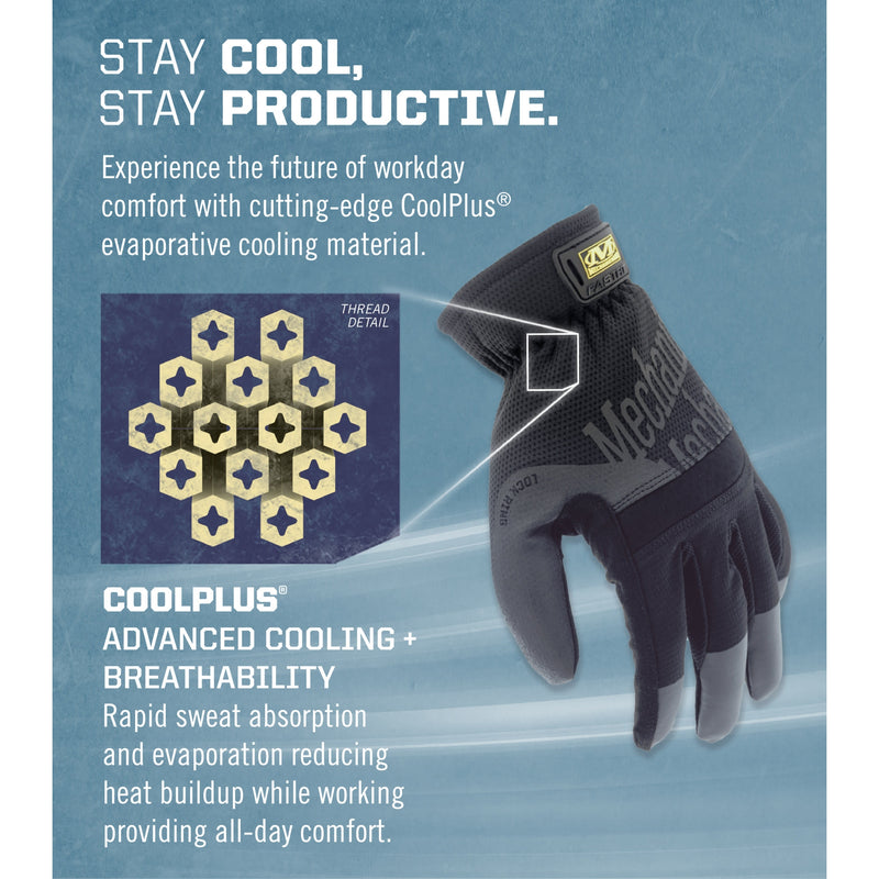 Infografía de guante mecánico Mechanix Wear FastFit MFF-05 negro con detalle de tejido CoolPlus - DIBAMEX