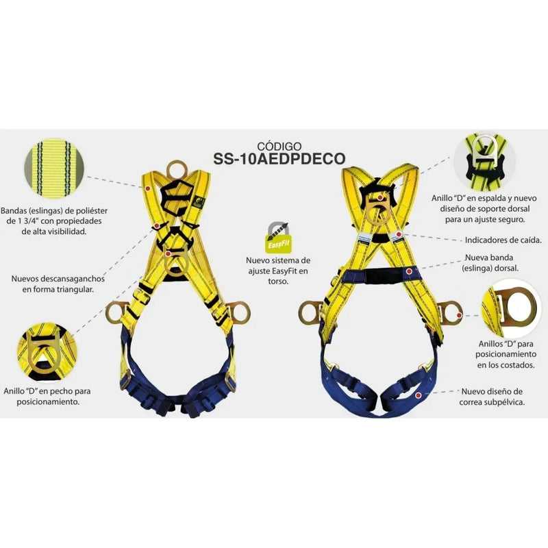 Arnés de Trabajo con Anillo "D" en Espalda, Pecho y Costados - JYRSA SS-10AEDPDECO - DIBAMEX