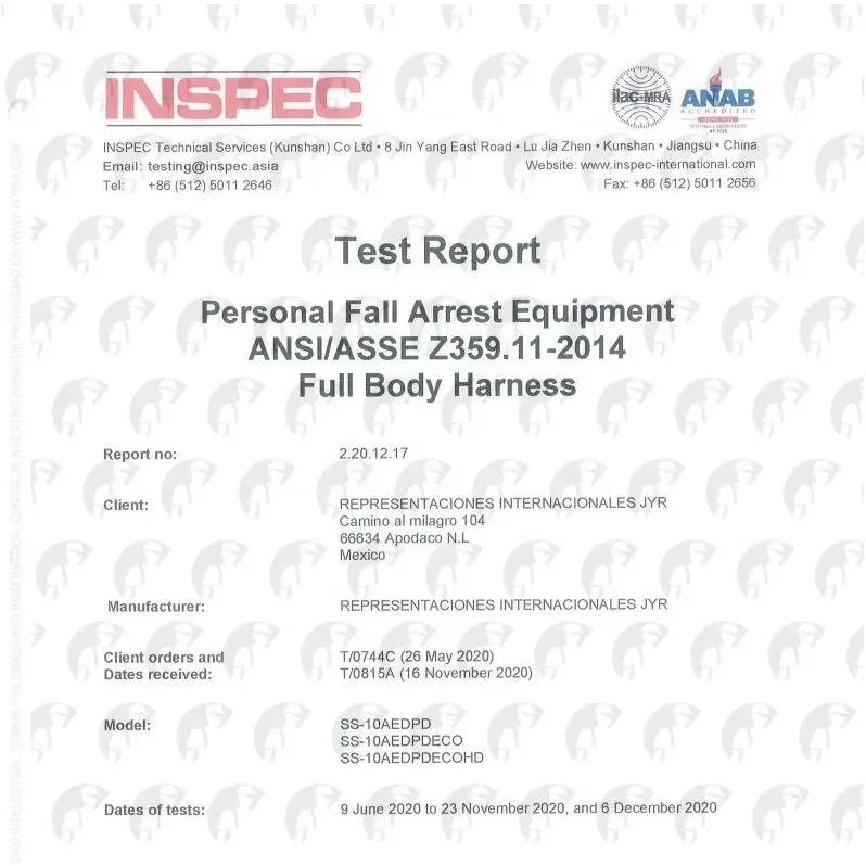 Arnés de Trabajo con Anillo "D" en Espalda, Pecho y Costados - JYRSA SS-10AEDPDECO - DIBAMEX