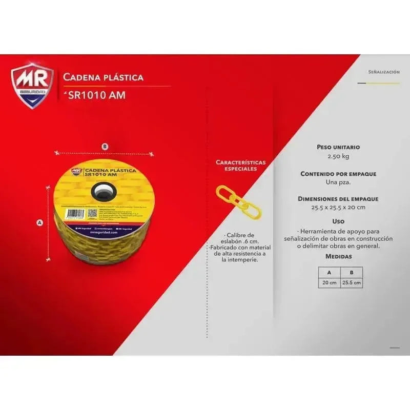 Cadena Plástica 50 Metros MR Seguridad SR1010 (Amarilla o Roja) - DIBAMEX