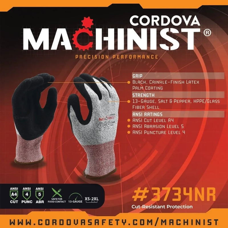 Guantes Machinist Resistente al Corte Nivel A4 con Palma de Látex Rugoso - Cordova Safety 3734NR - DIBAMEX