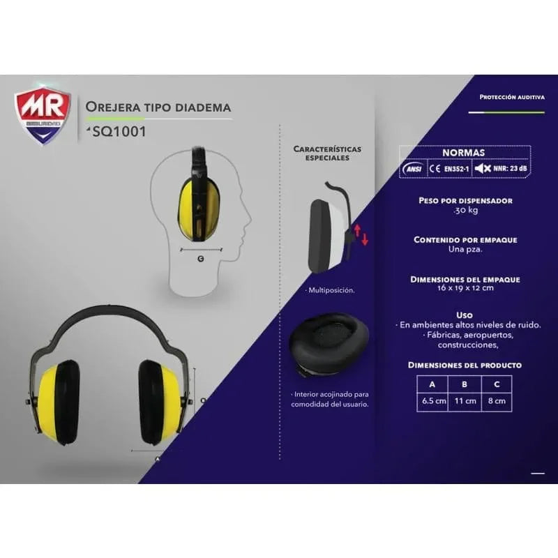 Orejera Auditiva Tipo Diadema NRR = 23 dB, MR Seguridad SQ1001 - DIBAMEX